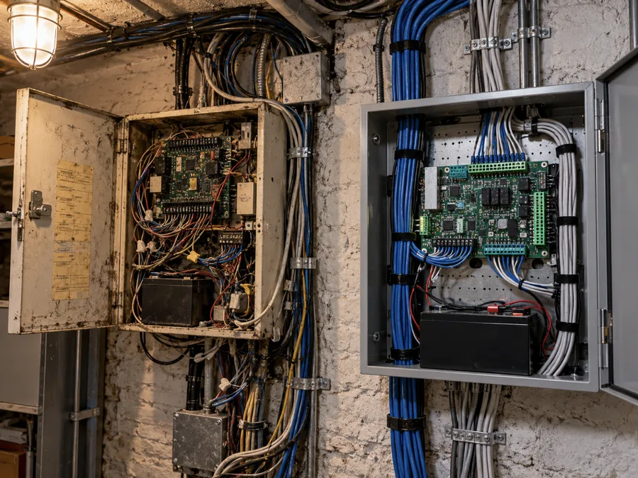 An old access panel with patched wiring next to a new controller in a building closet