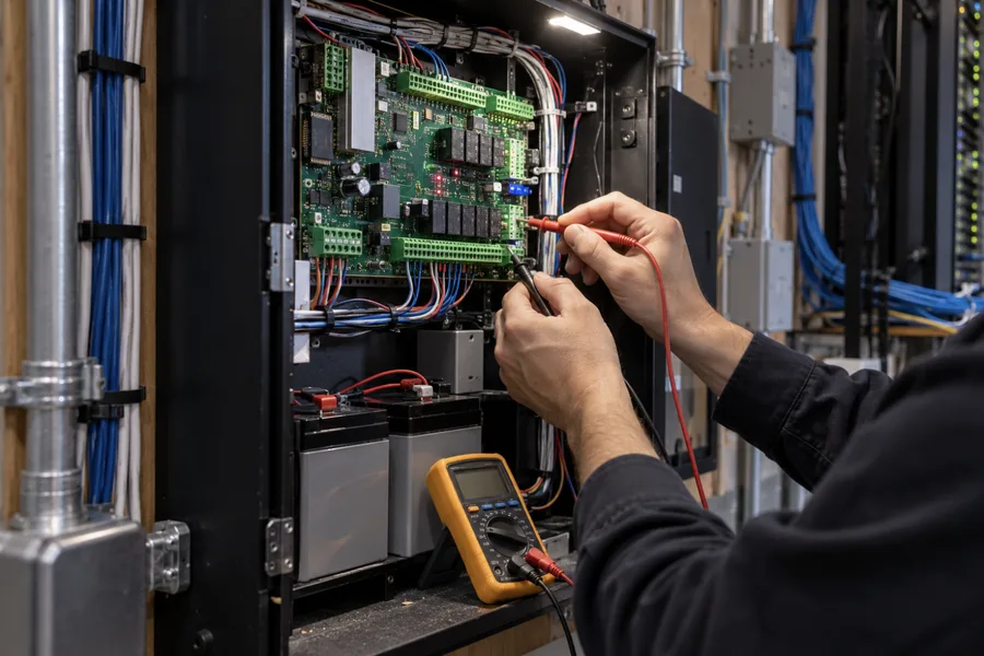Technician testing an open access control panel with a multimeter