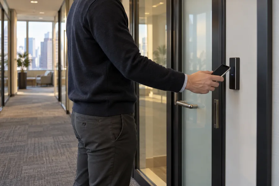 Employee opening an office suite door with a phone on a reader